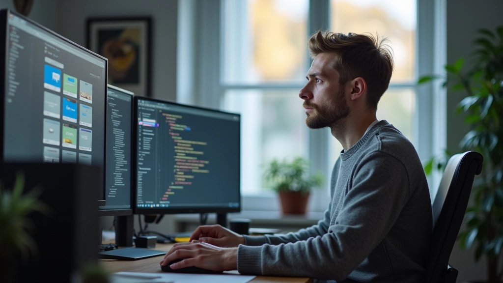 Designer bei der Arbeit mit organisierter Komponentenbibliothek in Figma auf großem Monitor