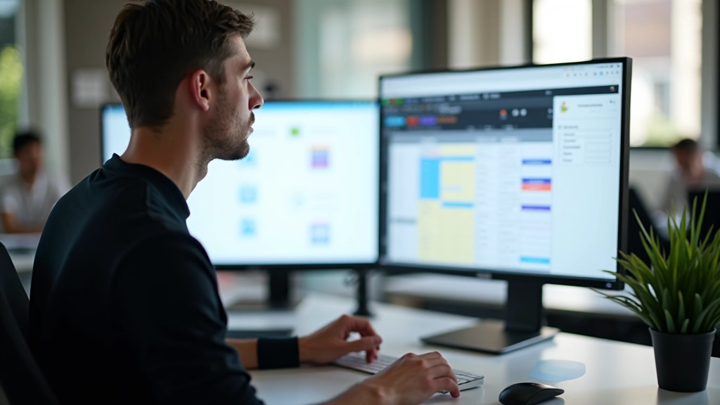 Designer arbeitet an Komponentenbibliothek auf großem Monitor mit Designsystem-Dokumentation