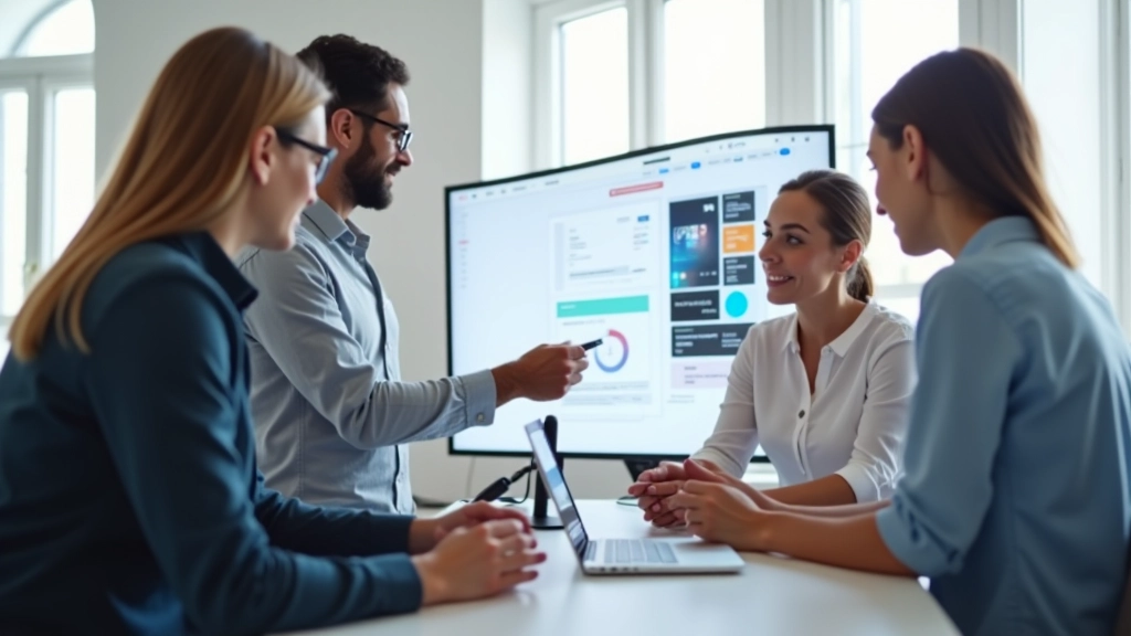 Team bespricht Design-Richtlinien an großem Monitor mit Komponenten-Übersicht